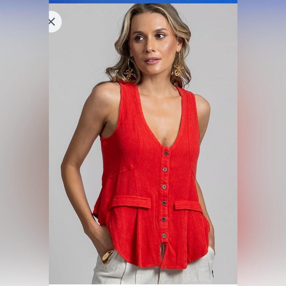 Linen Button Front Vest Top Red Orange Sleeveless Size S NWT